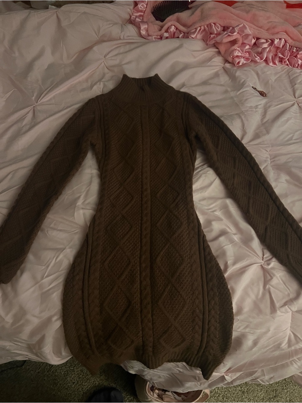 Brown Cable Knit Turtleneck Sweater Dress